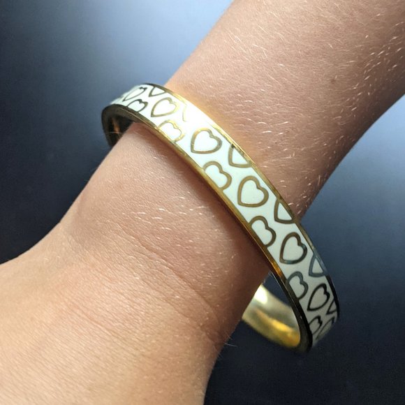 SOLD * Costume Bangle - White with golden trim and hearts - Picture 1 of 2